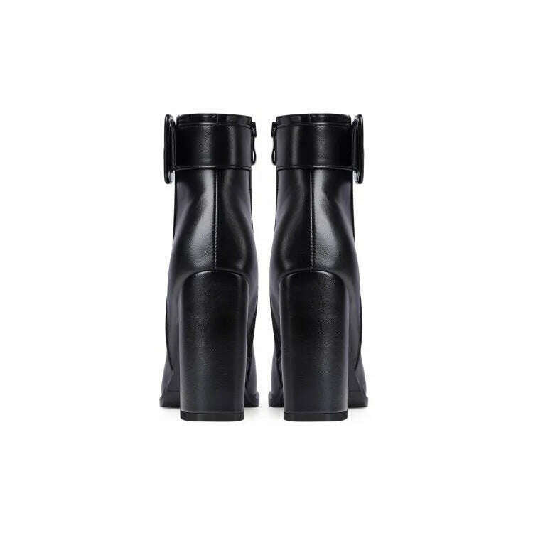 KIMLUD, Solid Color Round Toe Thick Heels Side Zipper Women Ankle Boots Square Buckle Decoration Super High Heels Office Lady Short Boot, KIMLUD Womens Clothes