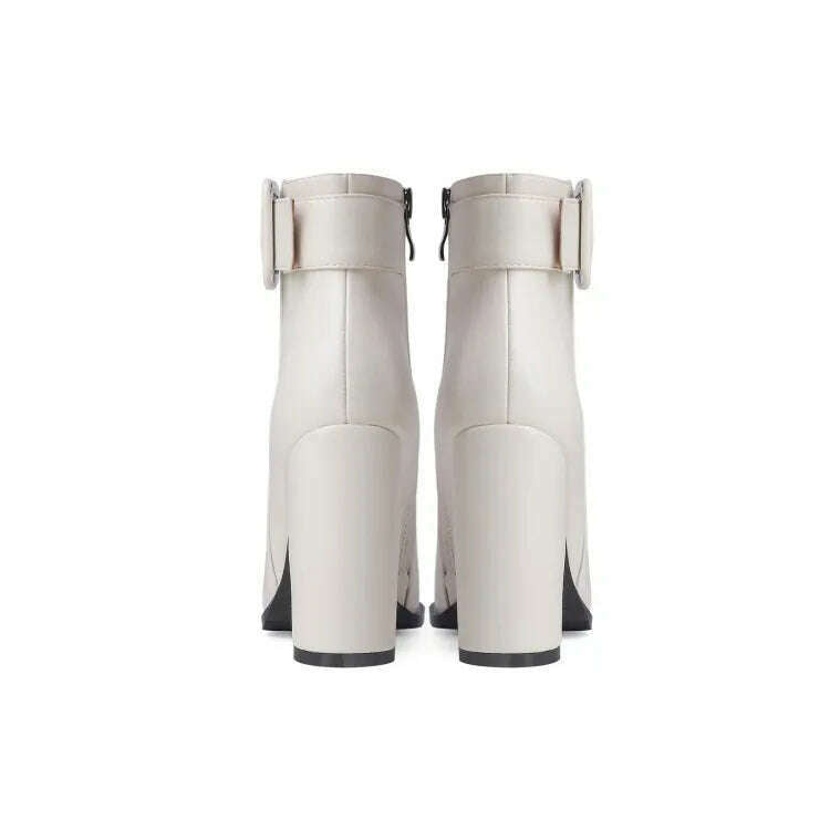 KIMLUD, Solid Color Round Toe Thick Heels Side Zipper Women Ankle Boots Square Buckle Decoration Super High Heels Office Lady Short Boot, KIMLUD Womens Clothes