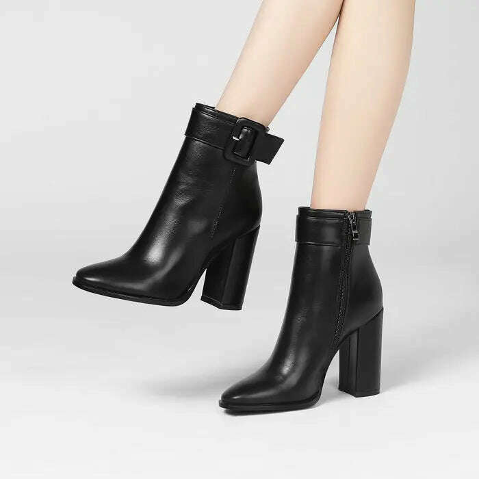 KIMLUD, Solid Color Round Toe Thick Heels Side Zipper Women Ankle Boots Square Buckle Decoration Super High Heels Office Lady Short Boot, KIMLUD Womens Clothes