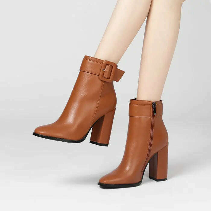 KIMLUD, Solid Color Round Toe Thick Heels Side Zipper Women Ankle Boots Square Buckle Decoration Super High Heels Office Lady Short Boot, KIMLUD Womens Clothes