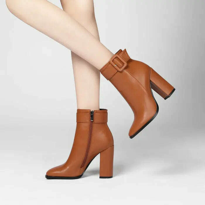 KIMLUD, Solid Color Round Toe Thick Heels Side Zipper Women Ankle Boots Square Buckle Decoration Super High Heels Office Lady Short Boot, KIMLUD Womens Clothes