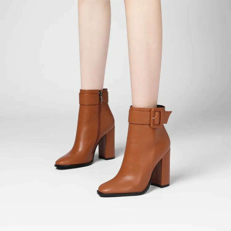 KIMLUD, Solid Color Round Toe Thick Heels Side Zipper Women Ankle Boots Square Buckle Decoration Super High Heels Office Lady Short Boot, KIMLUD Womens Clothes