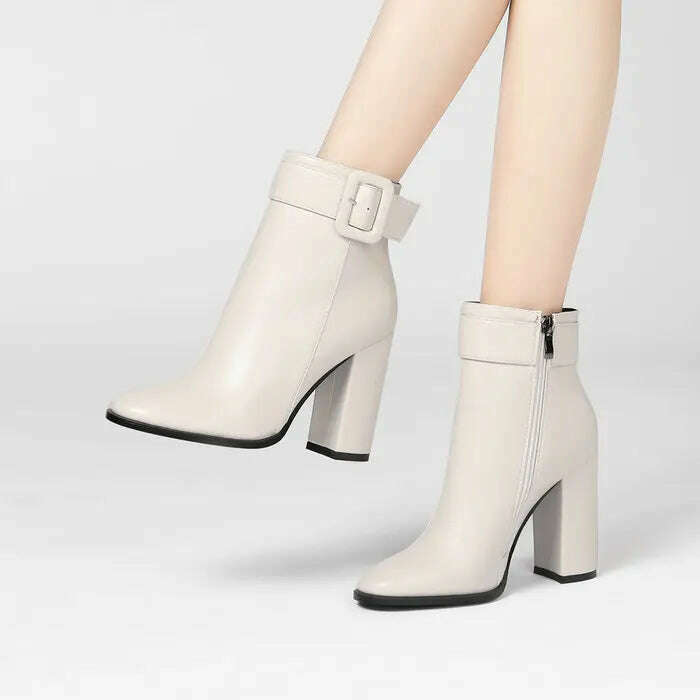 KIMLUD, Solid Color Round Toe Thick Heels Side Zipper Women Ankle Boots Square Buckle Decoration Super High Heels Office Lady Short Boot, KIMLUD Womens Clothes
