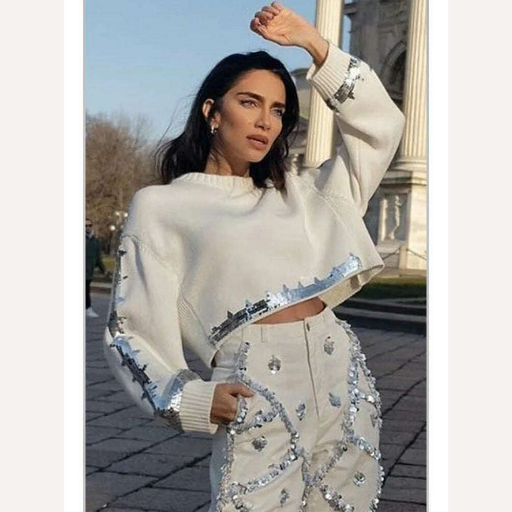 KIMLUD, Solid Color Sequin Knitted Sweater For Women'S Spring 2024 Fashionable Long Sleeved O-Neck Sequin Short Casual Vintage Pullover, White / XL / CHINA, KIMLUD APPAREL - Womens Clothes