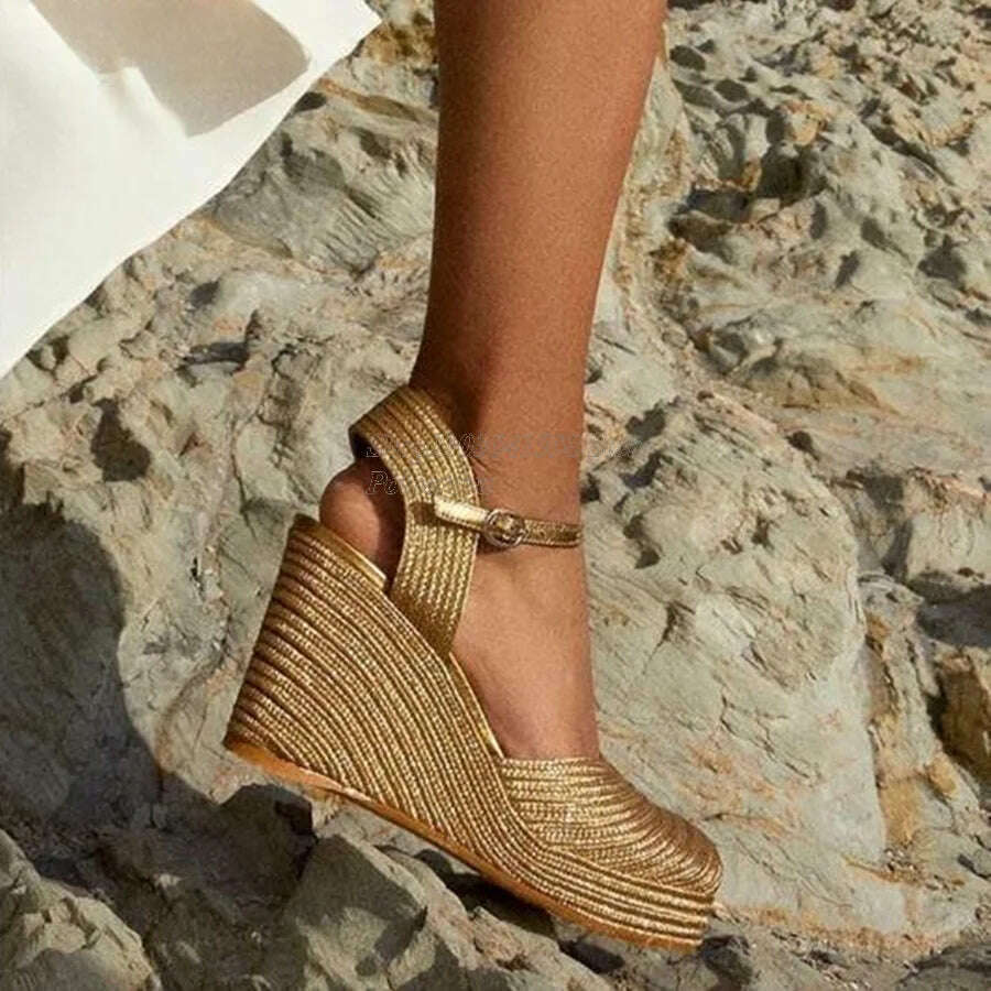 Solid Color Woven Sandals Thick Bottom Slope Heel High Heel Shoes Women Shoes Casual Buckle Heels 2023 New Zapatos Para Mujere - KIMLUD