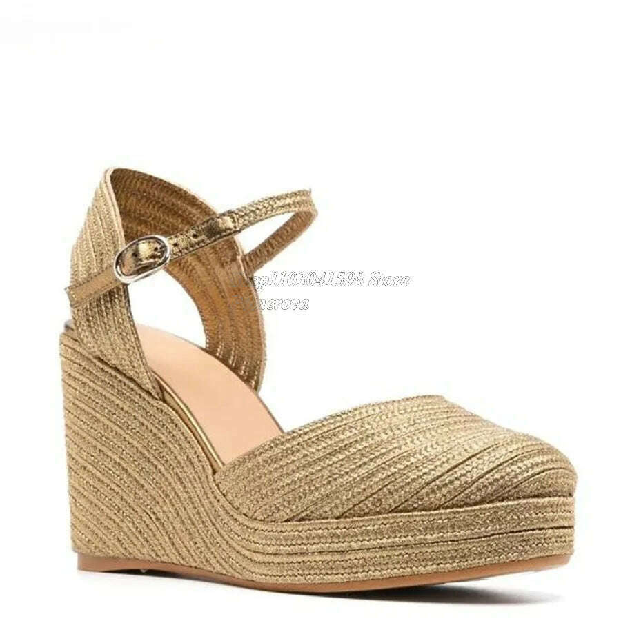 Solid Color Woven Sandals Thick Bottom Slope Heel High Heel Shoes Women Shoes Casual Buckle Heels 2023 New Zapatos Para Mujere - KIMLUD