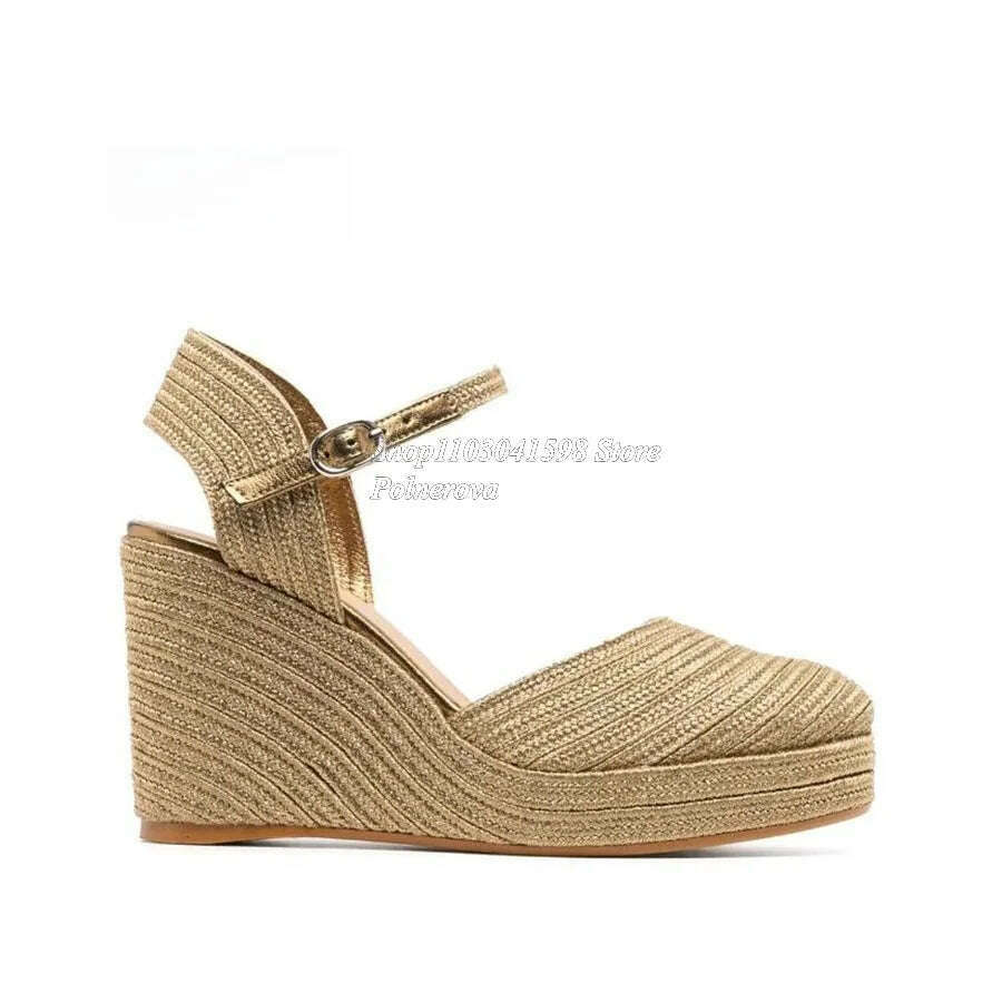 Solid Color Woven Sandals Thick Bottom Slope Heel High Heel Shoes Women Shoes Casual Buckle Heels 2023 New Zapatos Para Mujere - KIMLUD