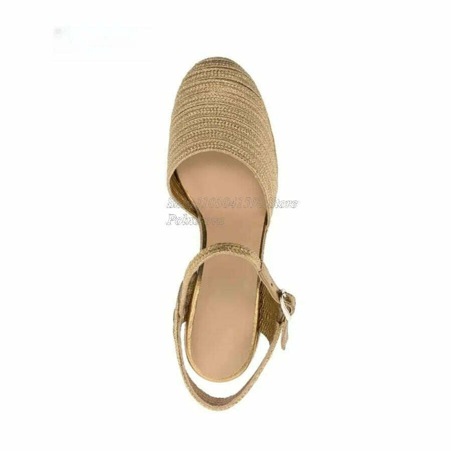 Solid Color Woven Sandals Thick Bottom Slope Heel High Heel Shoes Women Shoes Casual Buckle Heels 2023 New Zapatos Para Mujere - KIMLUD