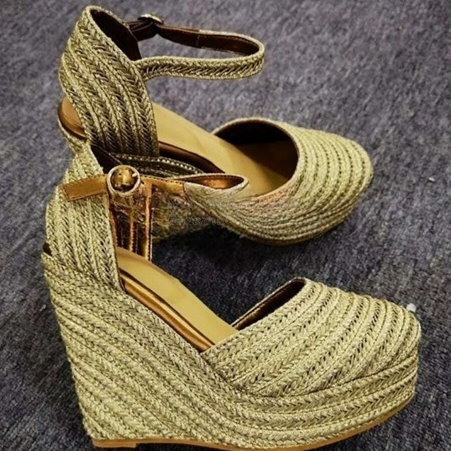 Solid Color Woven Sandals Thick Bottom Slope Heel High Heel Shoes Women Shoes Casual Buckle Heels 2023 New Zapatos Para Mujere - KIMLUD
