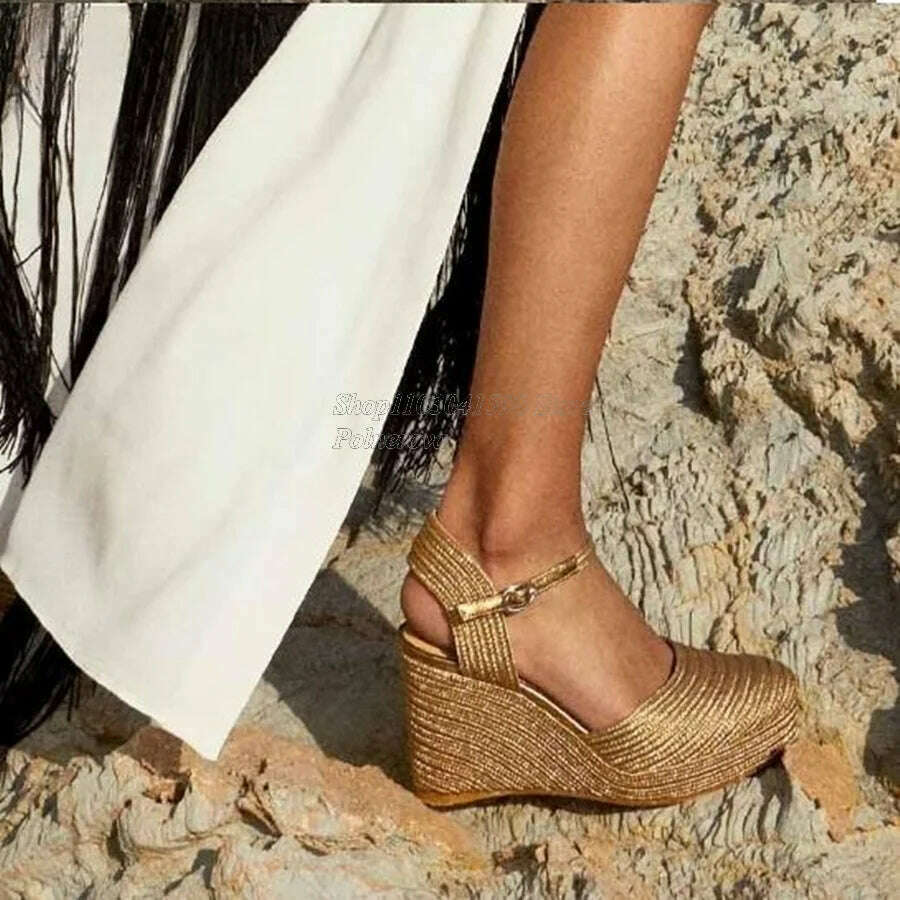 Solid Color Woven Sandals Thick Bottom Slope Heel High Heel Shoes Women Shoes Casual Buckle Heels 2023 New Zapatos Para Mujere - KIMLUD