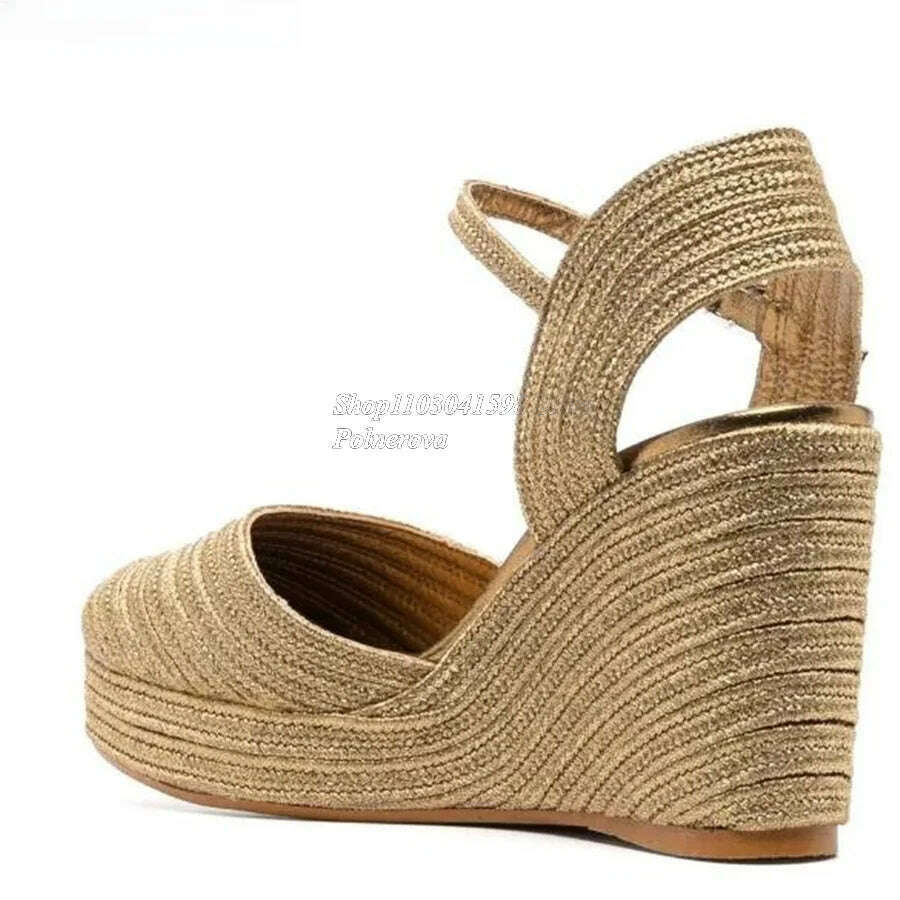 Solid Color Woven Sandals Thick Bottom Slope Heel High Heel Shoes Women Shoes Casual Buckle Heels 2023 New Zapatos Para Mujere - KIMLUD