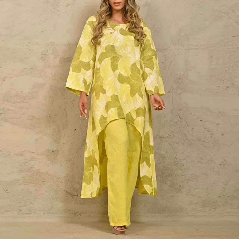 KIMLUD, Solid Loose Suits Casual Women Autumn 2 Piece Sets Fashion Long Sleeve O Neck Irregular Long Tops + Straight Pants Ladies Suit, 02 Yellow Print / S, KIMLUD Women's Clothes