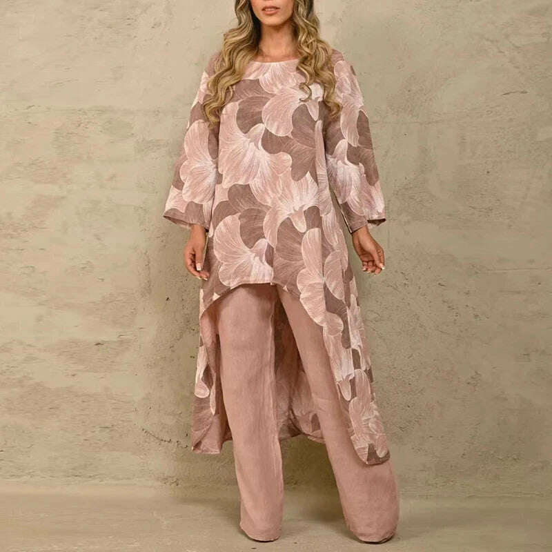 KIMLUD, Solid Loose Suits Casual Women Autumn 2 Piece Sets Fashion Long Sleeve O Neck Irregular Long Tops + Straight Pants Ladies Suit, 06 Light Pink / S, KIMLUD Women's Clothes