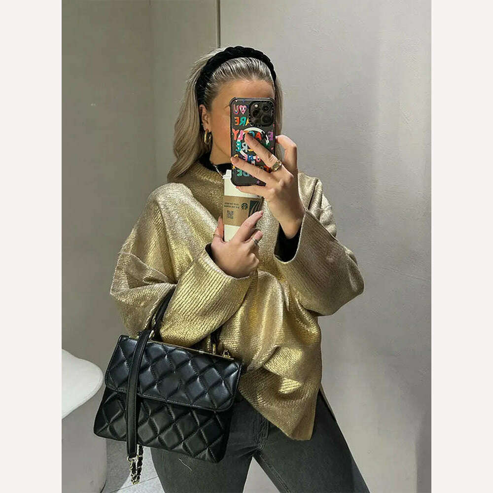 KIMLUD, Solid O Neck Pullover Top For Women Elegant Loose Long Sleeve Gold Sweatshirt 2023 Autumn Female Fashion Casual Shinny Outerwear, Gold / S, KIMLUD Women's Clothes