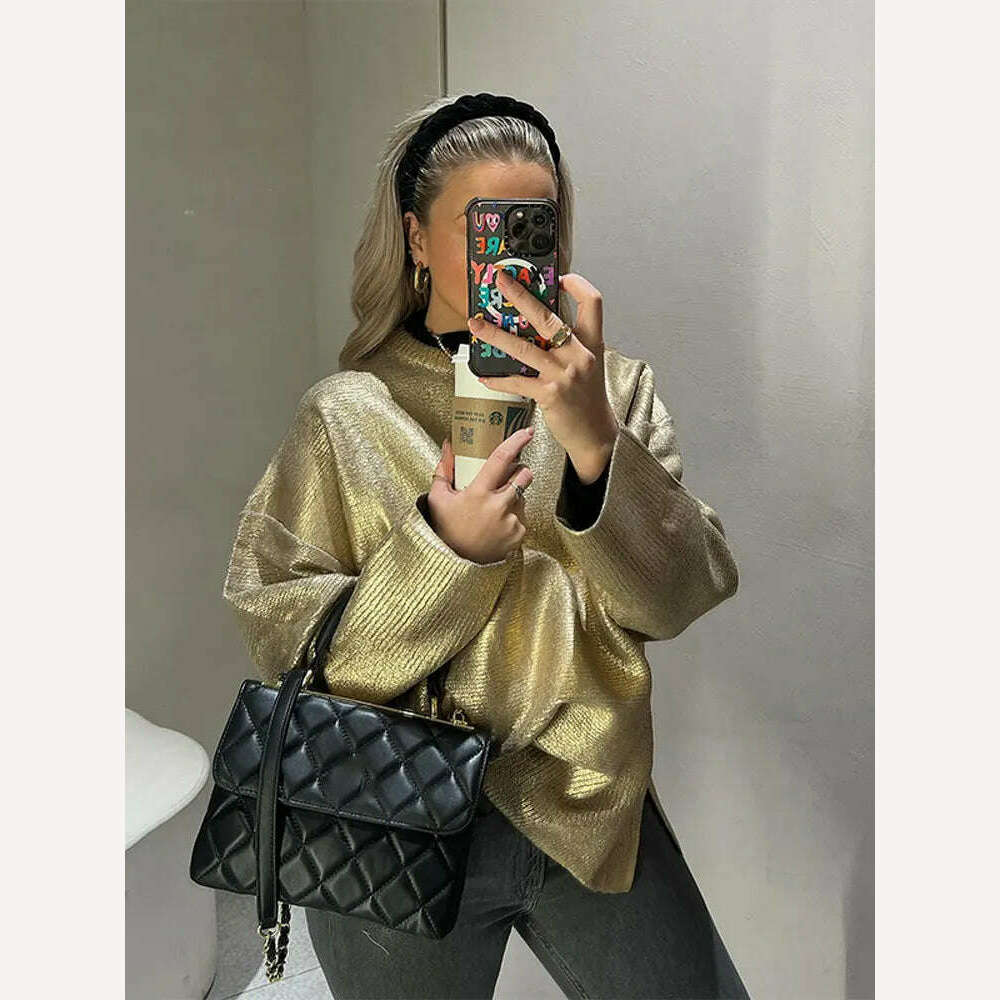 KIMLUD, Solid O Neck Pullover Top For Women Elegant Loose Long Sleeve Gold Sweatshirt 2023 Autumn Female Fashion Casual Shinny Outerwear, Gold / S, KIMLUD APPAREL - Womens Clothes