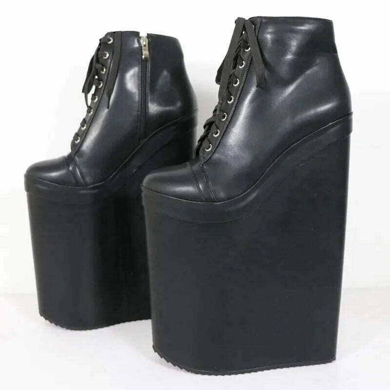 KIMLUD, Sorbern 30Cm High Heel Wedge Boots Women 20Cm Platform Lace Up Drag Queen Fetish Shoes Unisex Short Booties Size 33-48, Black Matte / 4, KIMLUD Womens Clothes