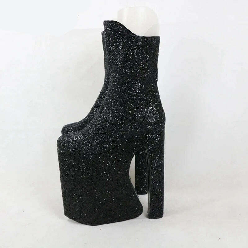 KIMLUD, Sorbern Black Glitter Block Heel Boots Mid Calf Long Front Dragqueen Style Boot Custotm 15Cm To 30Cm High Heel Plus Size Shoes, KIMLUD Womens Clothes