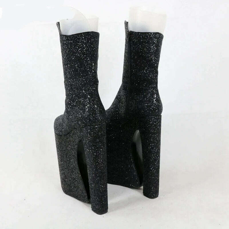 KIMLUD, Sorbern Black Glitter Block Heel Boots Mid Calf Long Front Dragqueen Style Boot Custotm 15Cm To 30Cm High Heel Plus Size Shoes, KIMLUD Women's Clothes
