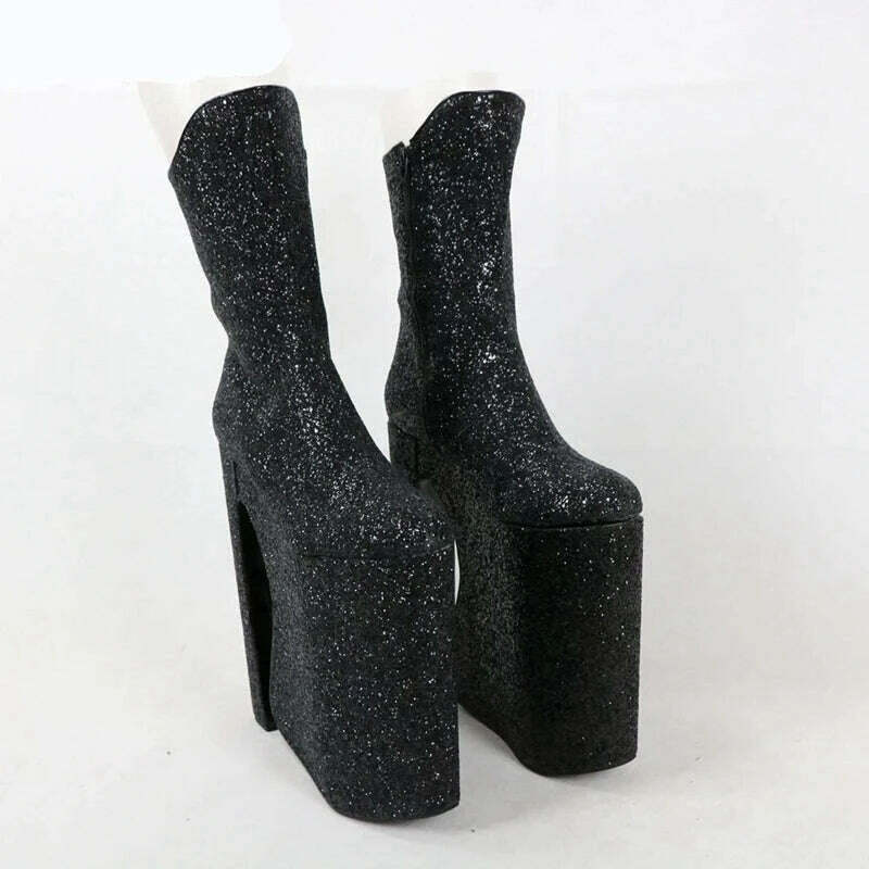 KIMLUD, Sorbern Black Glitter Block Heel Boots Mid Calf Long Front Dragqueen Style Boot Custotm 15Cm To 30Cm High Heel Plus Size Shoes, KIMLUD Women's Clothes
