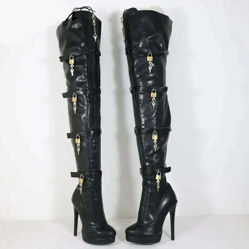 KIMLUD, Sorbern Fashion Crotch Thigh Boots Women Multi Straps With 8 Locks High Heel Visible Platform Lockable Zipper Front Custom Legs, KIMLUD Womens Clothes