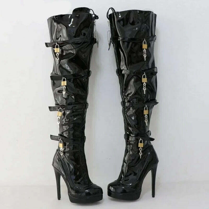 KIMLUD, Sorbern Fashion Crotch Thigh Boots Women Multi Straps With 8 Locks High Heel Visible Platform Lockable Zipper Front Custom Legs, KIMLUD Womens Clothes