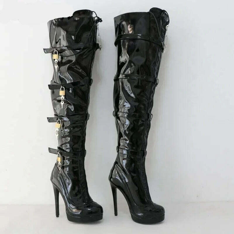 KIMLUD, Sorbern Fashion Crotch Thigh Boots Women Multi Straps With 8 Locks High Heel Visible Platform Lockable Zipper Front Custom Legs, KIMLUD Womens Clothes