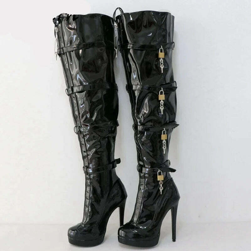 KIMLUD, Sorbern Fashion Crotch Thigh Boots Women Multi Straps With 8 Locks High Heel Visible Platform Lockable Zipper Front Custom Legs, Black Shiny / 33, KIMLUD Womens Clothes