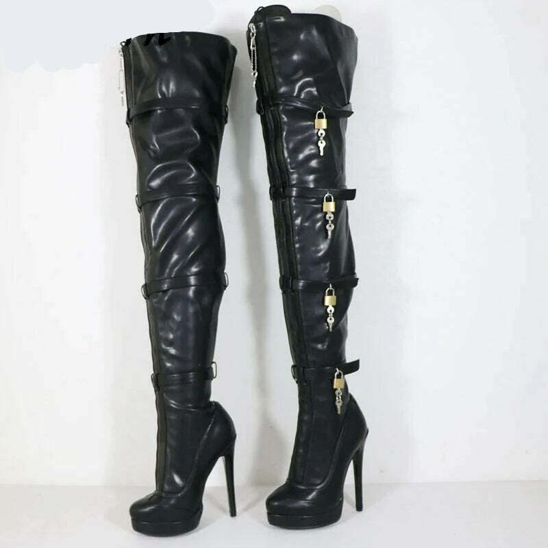 KIMLUD, Sorbern Fashion Crotch Thigh Boots Women Multi Straps With 8 Locks High Heel Visible Platform Lockable Zipper Front Custom Legs, Black Matt / 33, KIMLUD Womens Clothes