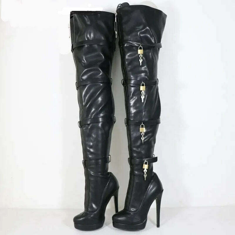 KIMLUD, Sorbern Fashion Crotch Thigh Boots Women Multi Straps With 8 Locks High Heel Visible Platform Lockable Zipper Front Custom Legs, KIMLUD Womens Clothes