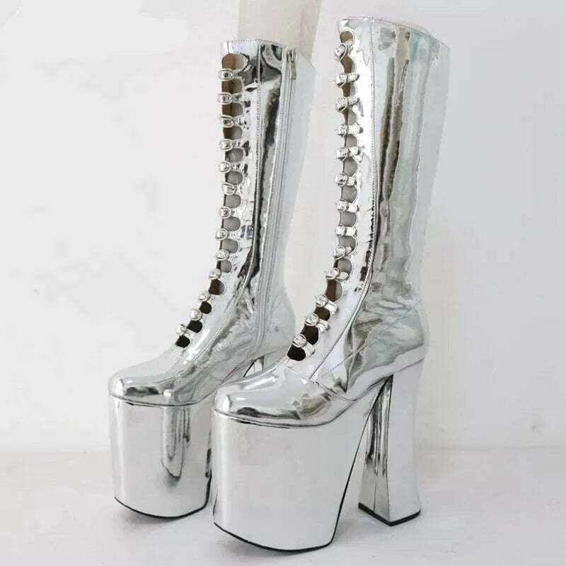 KIMLUD, Sorbern Metallic Block Heel Boots Women Knee High Drag Queen Shoes Thick Platform Fetish High Heels Round Toe Hollow Out Front, Black / 33, KIMLUD APPAREL - Womens Clothes