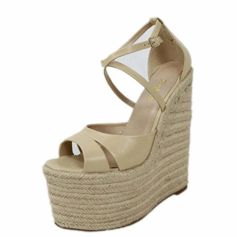 KIMLUD, Sorbern Rope Wedge Heels 18Cm High Heels Size 13 Shoes For Women Plus Size 34-46 Custom Open Toe Sandals 2018 New Arrivals, Khaki Rope Full / 34, KIMLUD Womens Clothes