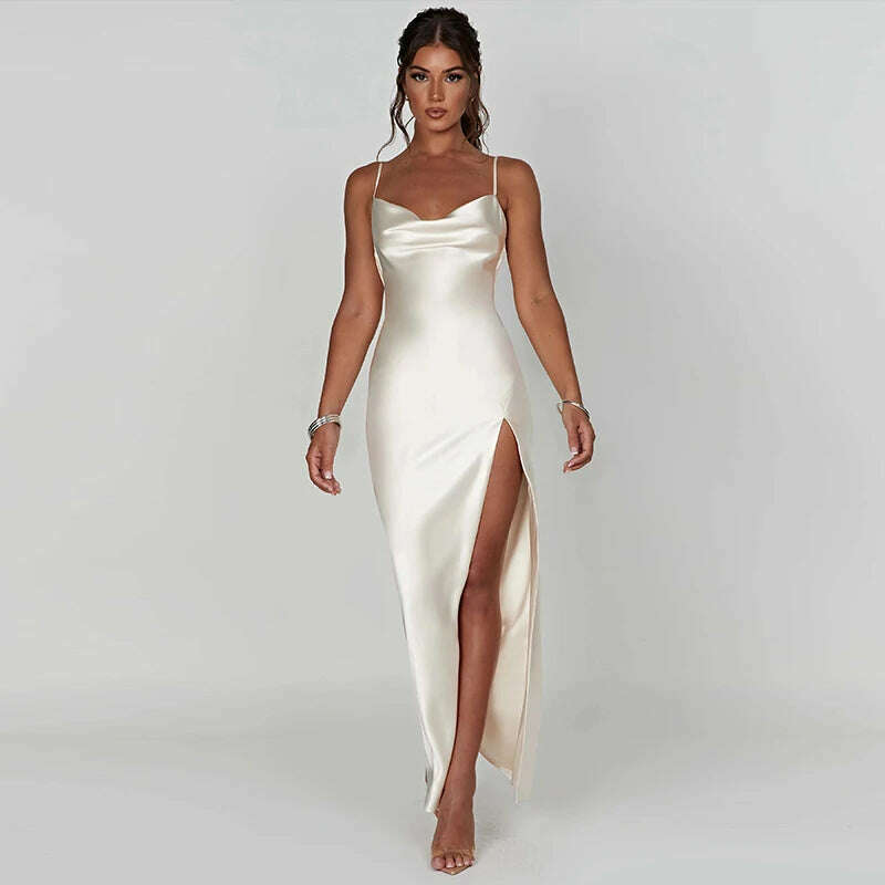 KIMLUD, Spaghetti Strap White Long Satin Dress Elegant Party Dress For Women 2023 Summer High Slit Backless Formal Occasion Dresses Maxi, KIMLUD Womens Clothes