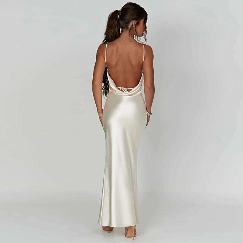 KIMLUD, Spaghetti Strap White Long Satin Dress Elegant Party Dress For Women 2023 Summer High Slit Backless Formal Occasion Dresses Maxi, KIMLUD Women's Clothes