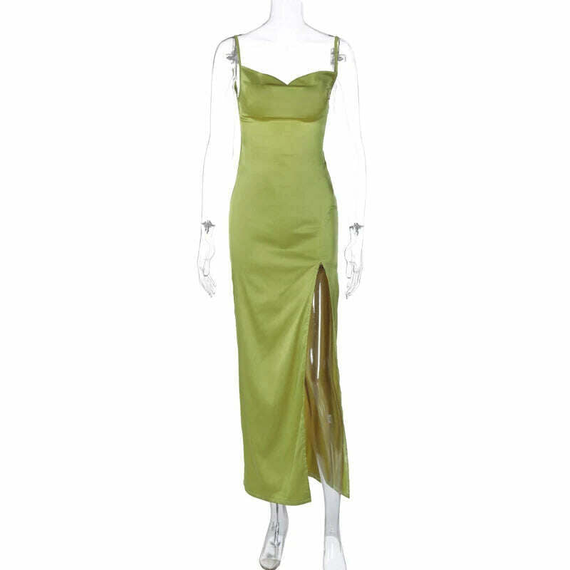 KIMLUD, Spaghetti Strap White Long Satin Dress Elegant Party Dress For Women 2023 Summer High Slit Backless Formal Occasion Dresses Maxi, green / S, KIMLUD Women's Clothes
