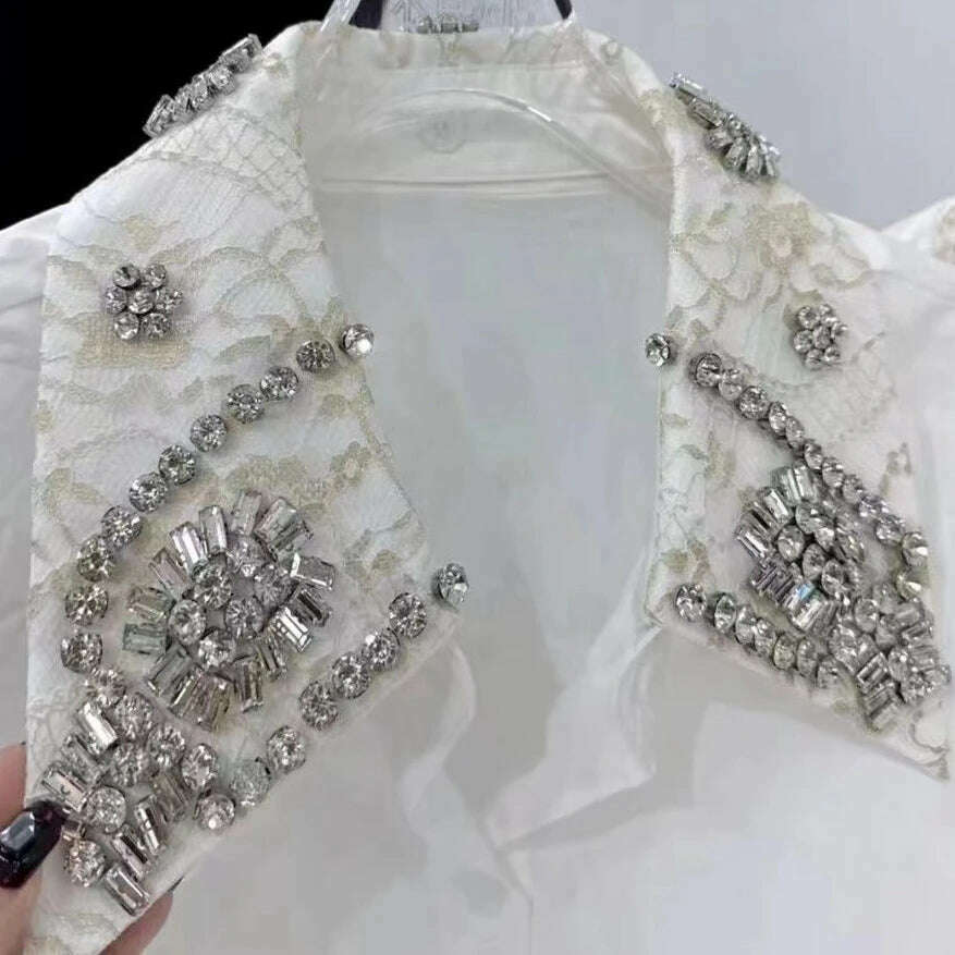 KIMLUD, Sparking Diamonds Stitch Mid-length Cotton Shirts and Blouses For Women 2024 Spring New Long Sleeve Black White Tops Camisas, KIMLUD Womens Clothes