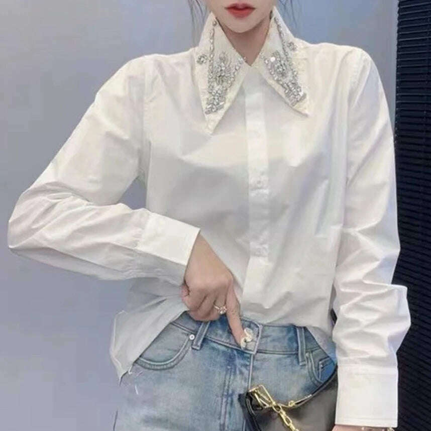 KIMLUD, Sparking Diamonds Stitch Mid-length Cotton Shirts and Blouses For Women 2024 Spring New Long Sleeve Black White Tops Camisas, WHITE / L, KIMLUD APPAREL - Womens Clothes