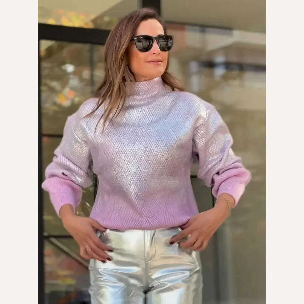 KIMLUD, Sparkling Metal Gradient Color Knit Sweater Women Fashion High Collar Long Sleeves Pullover Tops Elegant Female High Streetwear, KIMLUD Womens Clothes