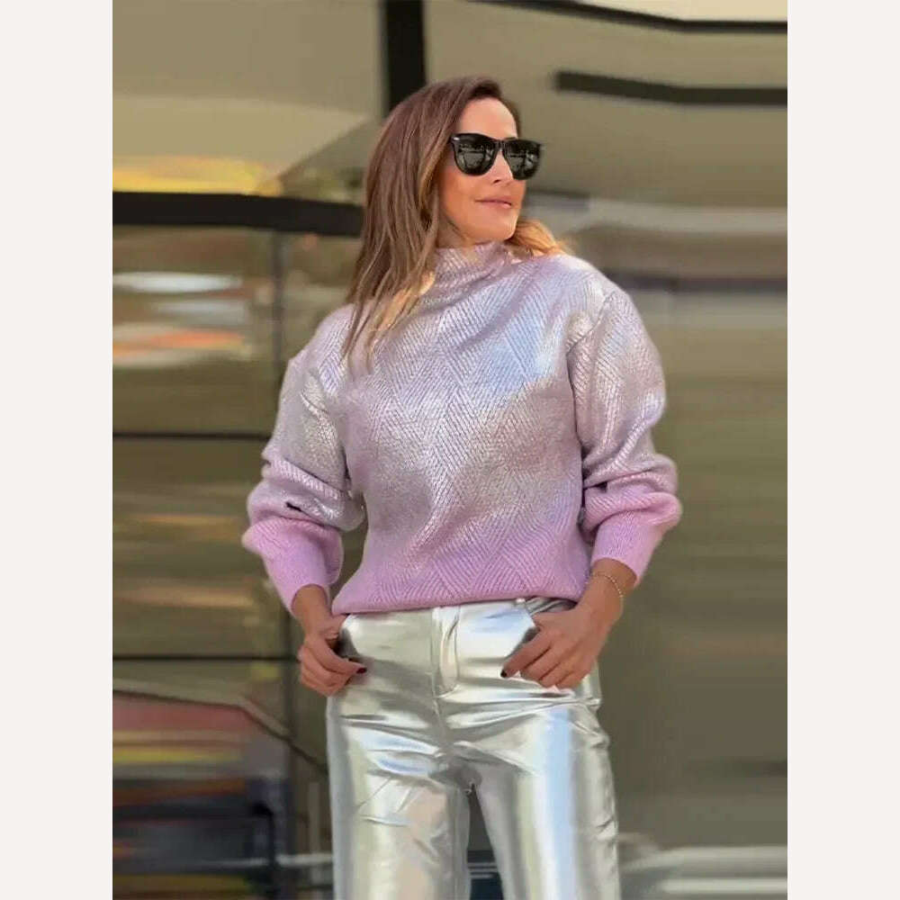 KIMLUD, Sparkling Metal Gradient Color Knit Sweater Women Fashion High Collar Long Sleeves Pullover Tops Elegant Female High Streetwear, KIMLUD Womens Clothes