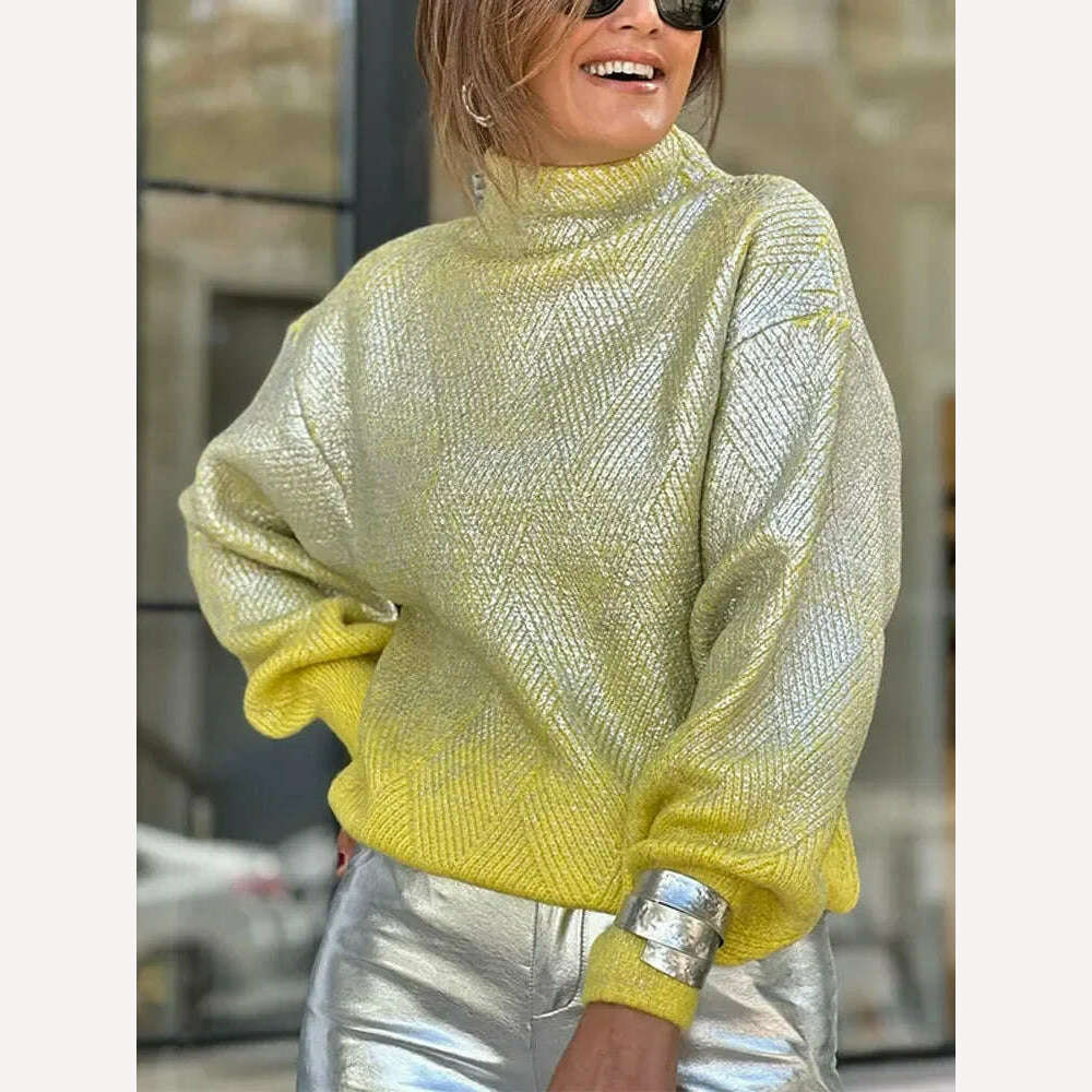 KIMLUD, Sparkling Metal Gradient Color Knit Sweater Women Fashion High Collar Long Sleeves Pullover Tops Elegant Female High Streetwear, KIMLUD Womens Clothes