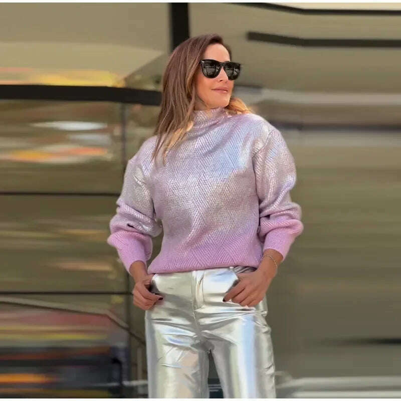 KIMLUD, Sparkling Metal Gradient Color Knit Sweater Women Fashion High Collar Long Sleeves Pullover Tops Elegant Female High Streetwear, KIMLUD Womens Clothes