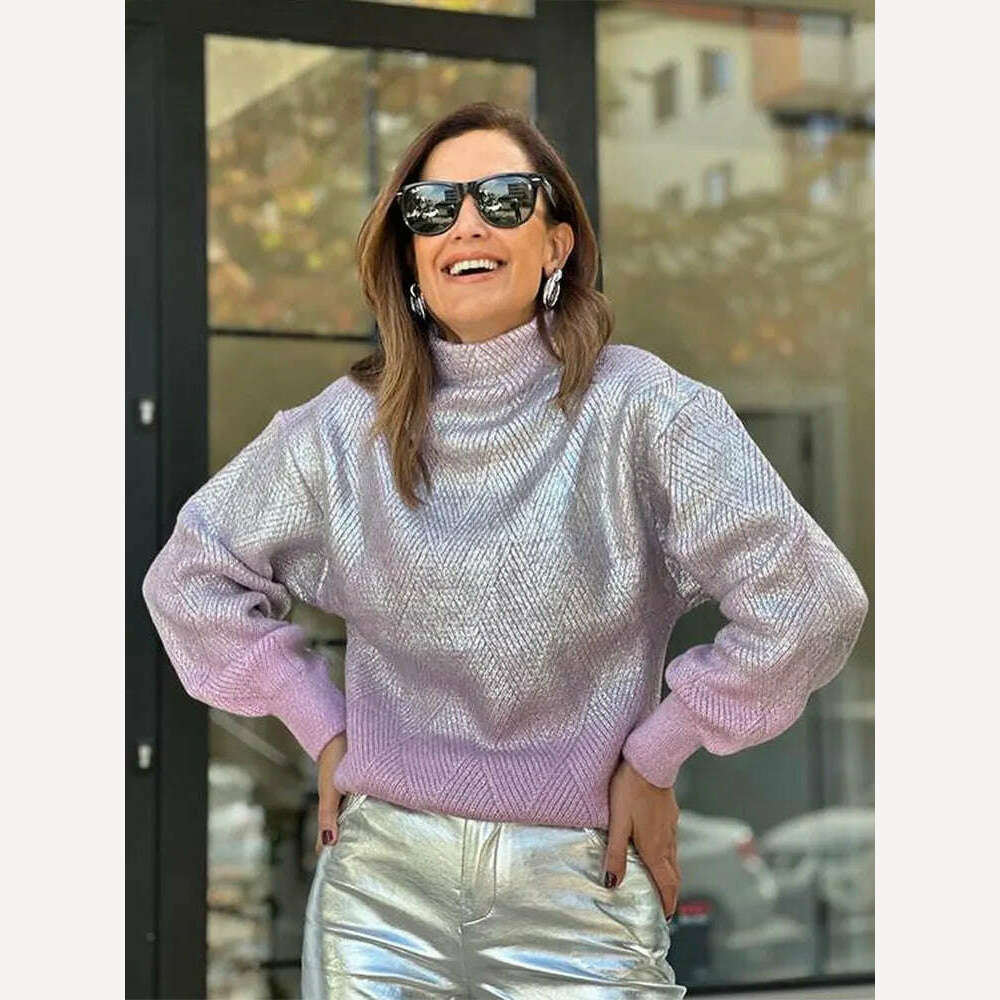 KIMLUD, Sparkling Metal Gradient Knitted Sweater For Women Fashion High Collar Long Sleeves Pullover Tops Elegant Female Warm Streetwear, KIMLUD Womens Clothes