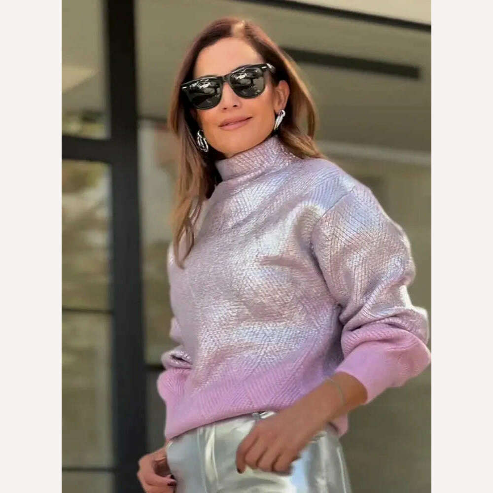 KIMLUD, Sparkling Metal Gradient Knitted Sweater For Women Fashion High Collar Long Sleeves Pullover Tops Elegant Female Warm Streetwear, KIMLUD Womens Clothes