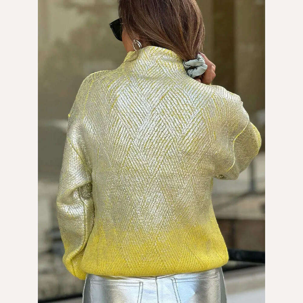 KIMLUD, Sparkling Metal Gradient Knitted Sweater For Women Fashion High Collar Long Sleeves Pullover Tops Elegant Female Warm Streetwear, KIMLUD Womens Clothes