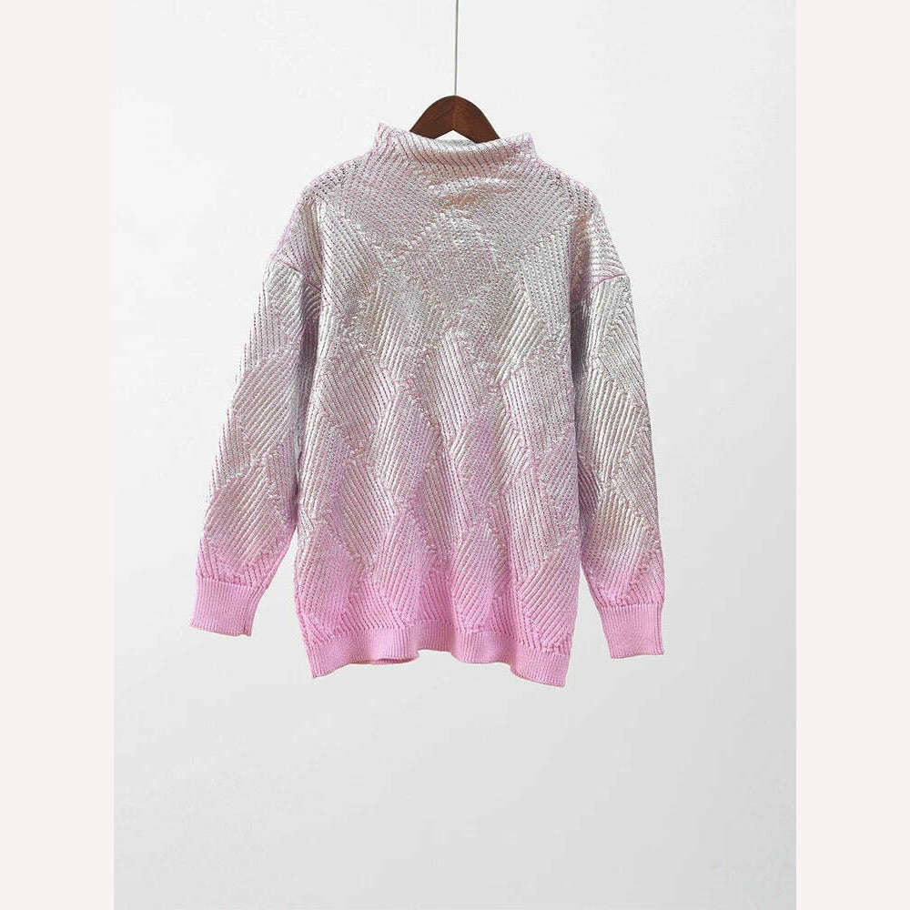 KIMLUD, Sparkling Metal Gradient Knitted Sweater For Women Fashion High Collar Long Sleeves Pullover Tops Elegant Female Warm Streetwear, KIMLUD Womens Clothes