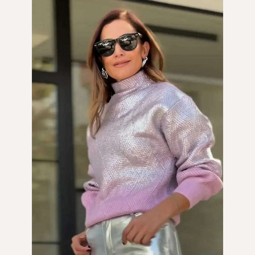 KIMLUD, Sparkling Metal Gradient Knitted Sweater For Women Fashion High Collar Long Sleeves Pullover Tops Elegant Female Warm Streetwear, PURPLE / S, KIMLUD APPAREL - Womens Clothes