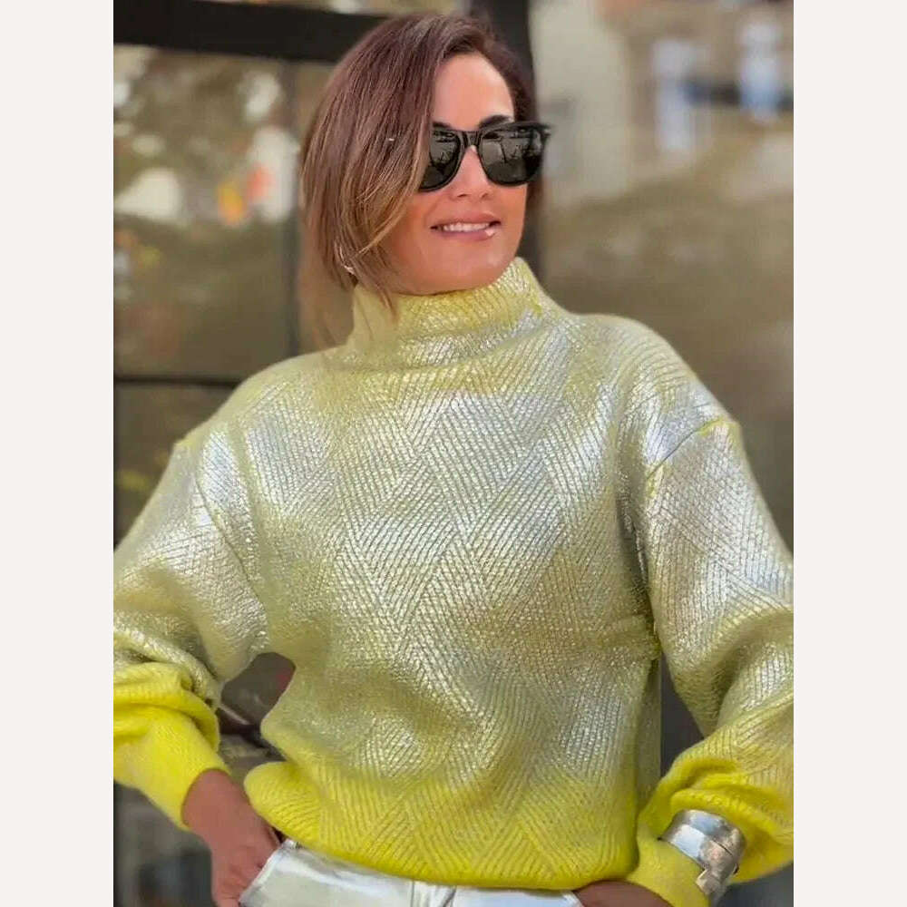 KIMLUD, Sparkling Metal Gradient Knitted Sweater For Women Fashion High Collar Long Sleeves Pullover Tops Elegant Female Warm Streetwear, Yellow / S, KIMLUD APPAREL - Womens Clothes