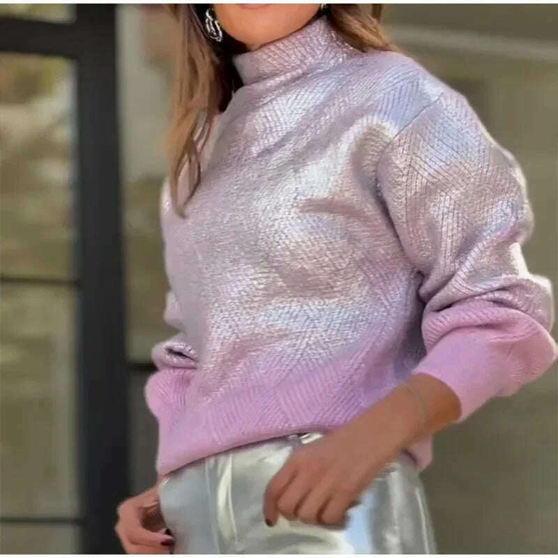 KIMLUD, Sparkling Metal Gradient Knitted Sweater For Women Fashion High Collar Long Sleeves Pullover Tops Elegant Female Warm Streetwear, KIMLUD Womens Clothes
