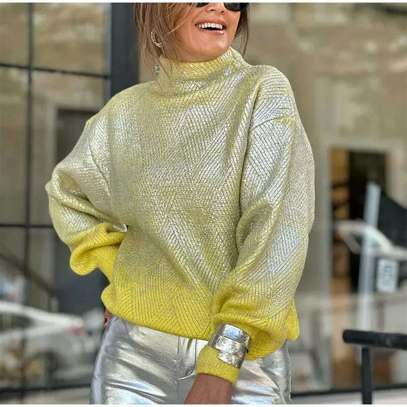 KIMLUD, Sparkling Metal Gradient Knitted Sweater For Women Fashion High Collar Long Sleeves Pullover Tops Elegant Female Warm Streetwear, KIMLUD Womens Clothes