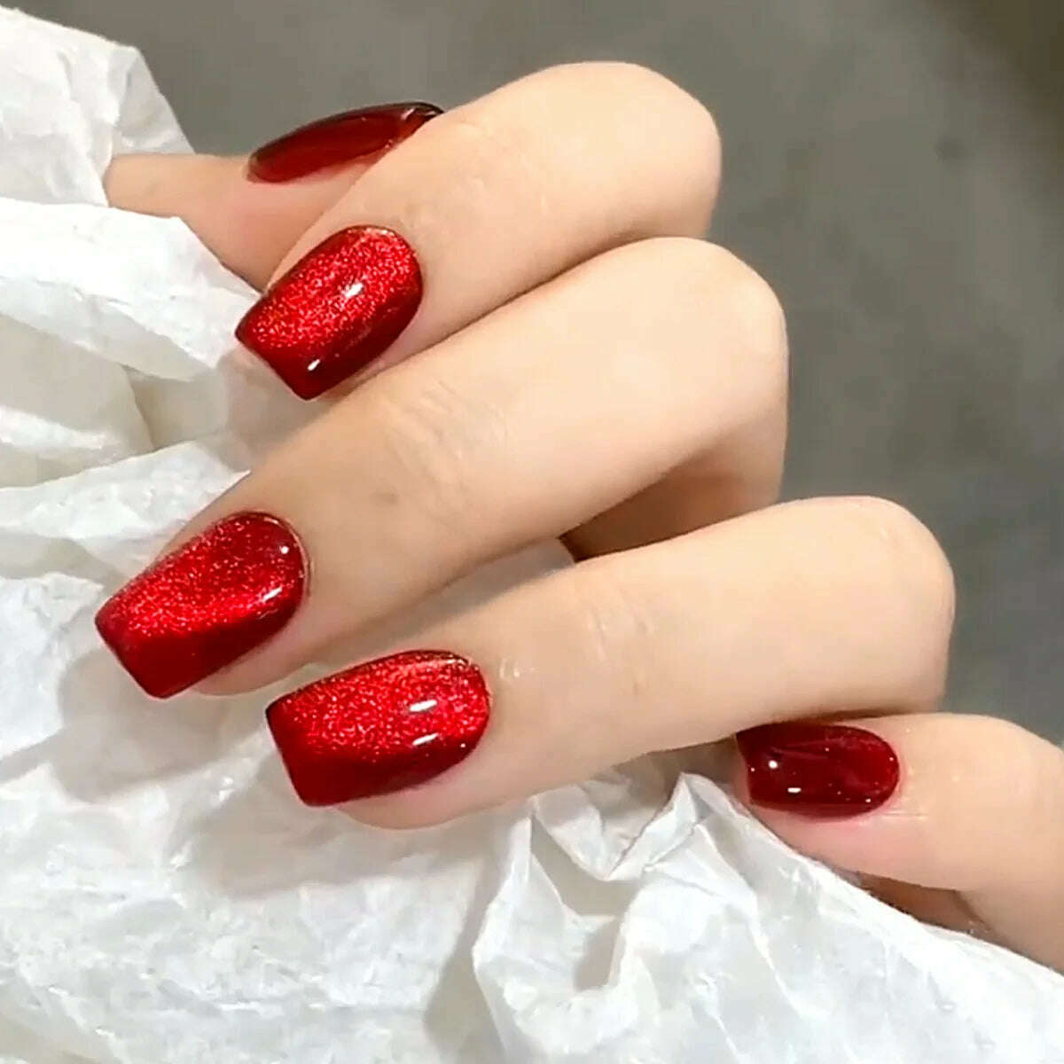 Sparkling Red Cat Eye Solid Color Fake Nail Halloween Fashion Detachable Finished False Nails Press on Nails with Glue Wholesale - KIMLUD
