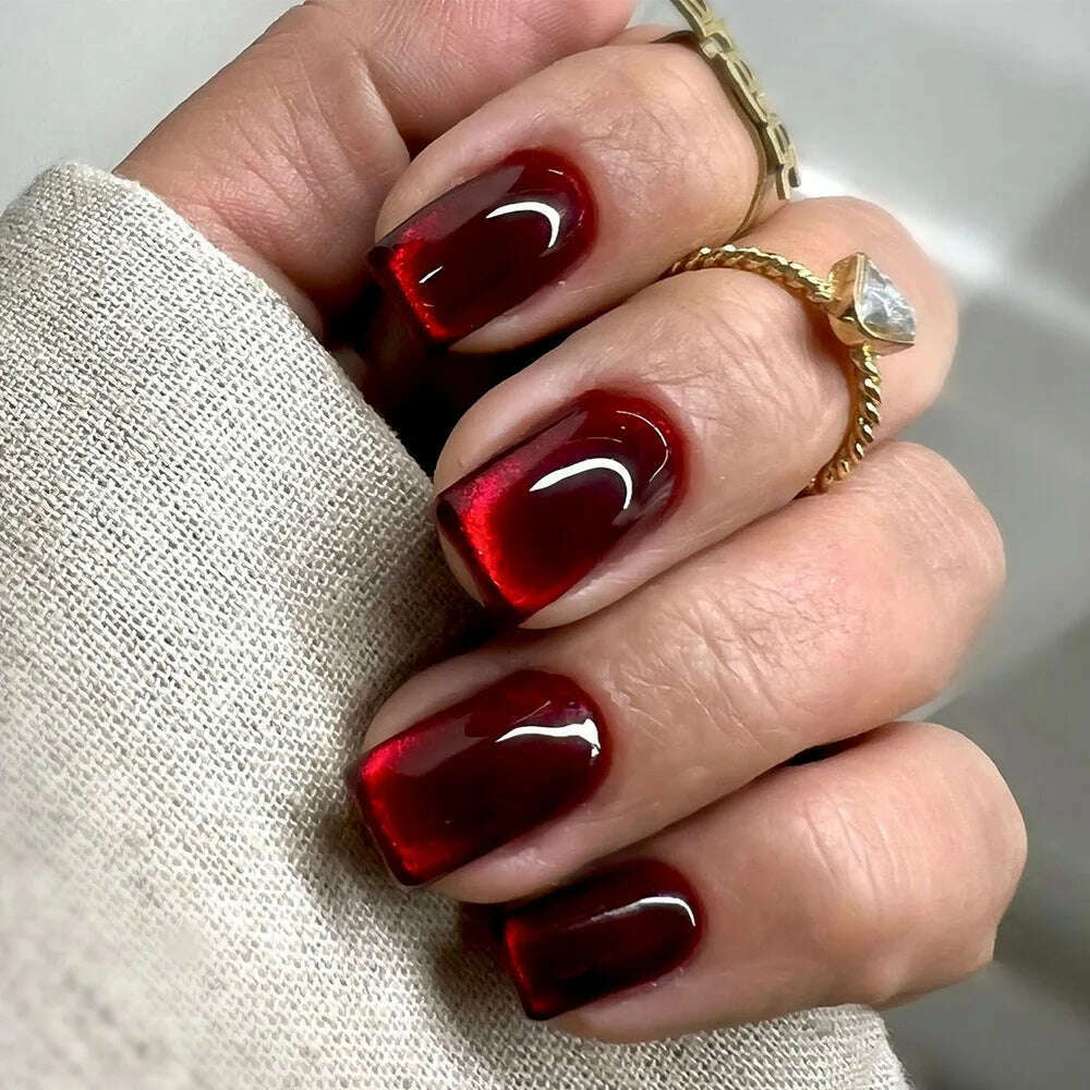 Sparkling Red Cat Eye Solid Color Fake Nail Halloween Fashion Detachable Finished False Nails Press on Nails with Glue Wholesale - KIMLUD